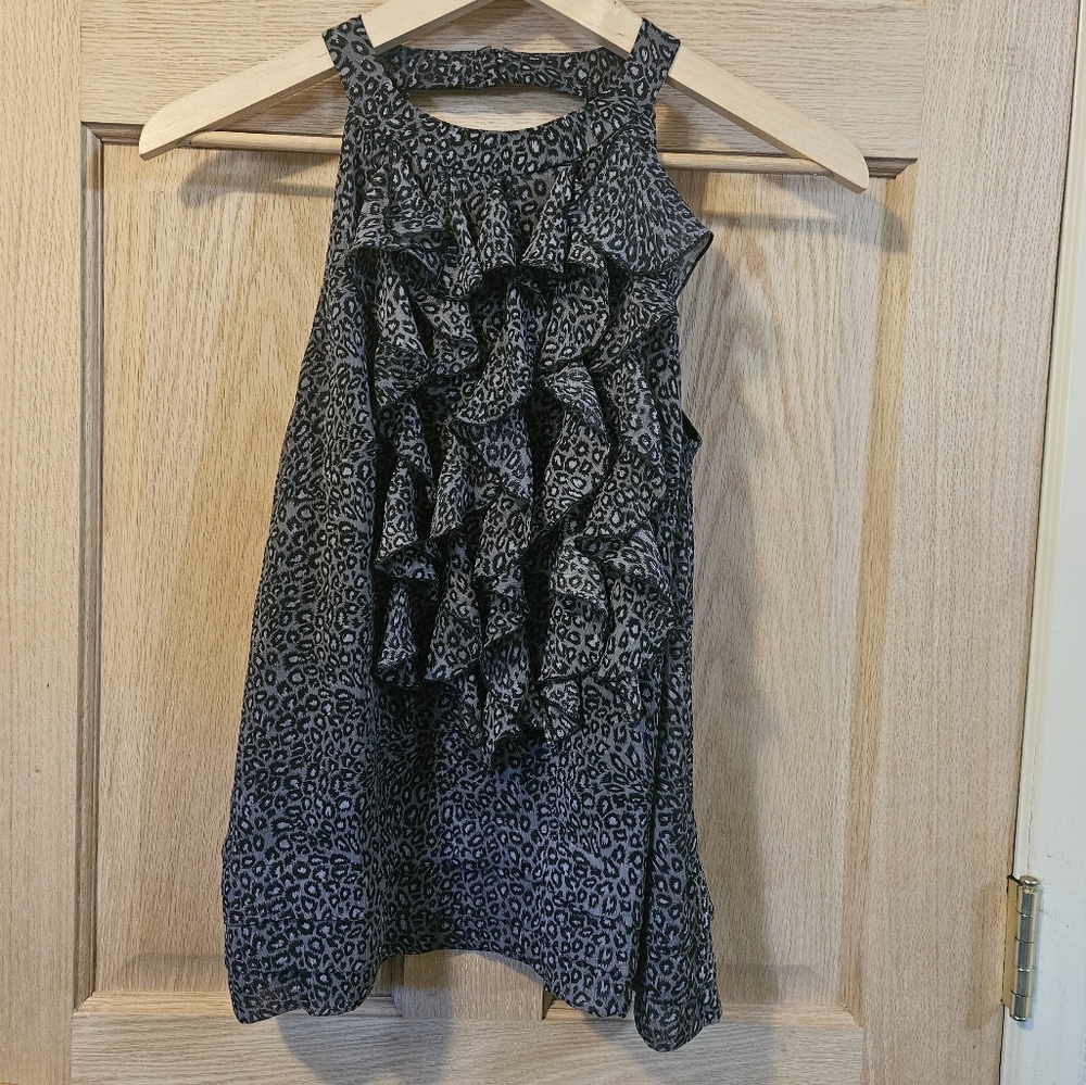 Size 8 ECI Gray Leopard Print Ruffle Top